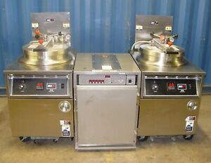 2 BKI Pressure Fryers FKM-F w/ Henny Penny HC-903 CDT Heated Holding Cabinet