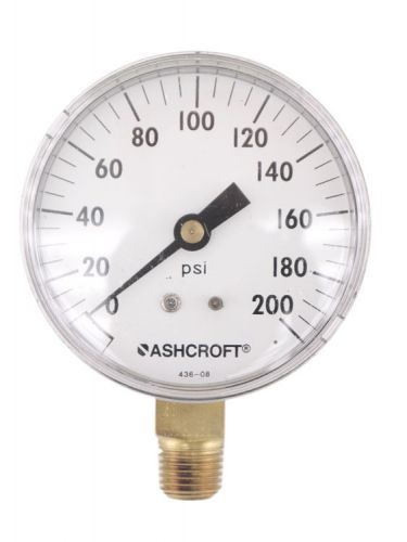 Ashcroft 2-1/2&#034; 0-200PSI 1/4&#034;NPT Brass Socket Lower Mount Pressure Gauge 2.5&#034;