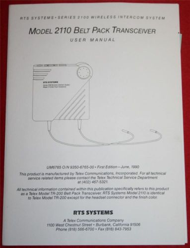RTS Model 2110 Belt Pack Transceiver User Guide