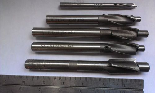 Set of five used Counterbores 13/16&#034;, 2- 21/32&#034;, 17/32&#034;, 9/32&#034;, HSS made in USA.