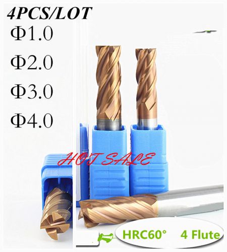 HRC60  4pcs Of 1 2 3 4mm TICN MIcro Grain Carbide End mill CNC Milling Cutter