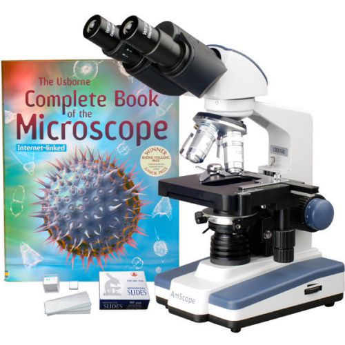 2000X LED Lab Binocular Compound Microscope w 3D-Stage, Book &amp; Blank Slide Set