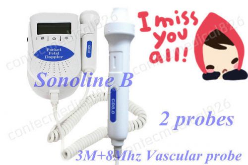 Pocket fhr lcd fetal doppler sonoline b 3m+8m waterproof vascular+gel(2 probes) for sale