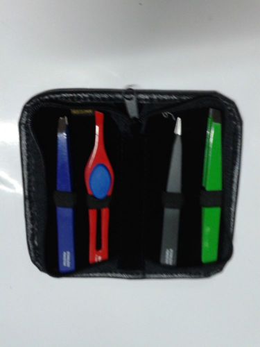 Set of 4  Eye Brow Tweezer PACK IN BUEAUTY  LEATHER  CASE  ALL SURGICAL STEEL