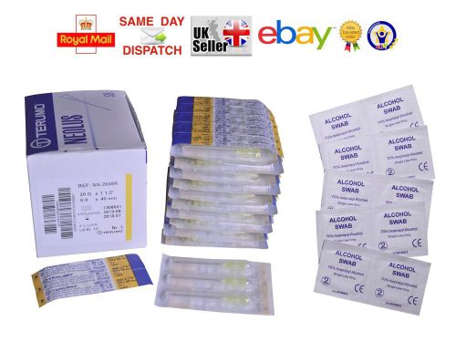 BOX 100 TERUMO NEEDLES +100 SWABS 20G YELLOW 0.9x40 (1.5 INCH) INK FAST CHEAPEST