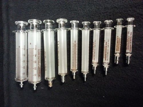 Popper &amp; Sons Micro-Mate Glass Interchangeable Syringe Lot of 10 Assorted Sizes