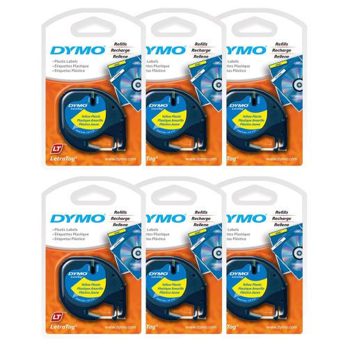 6PK Dymo LetraTag YELLOW Plastic Tapes Letra Tag LT-100T LT-100H XR PLUS &amp; QX50