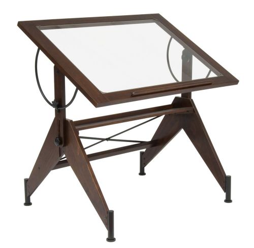 Clear Glass Top Drafting Art Table Desk Brown Drawing Storage Shelf Adjustable