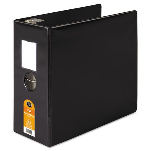 Heavy-duty no-gap d-ring binder with label holder, 5&#034; capacity, black for sale