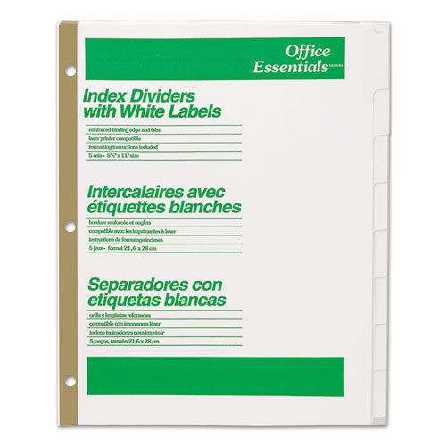 Office Essentials White Label Dividers, 8-Tab, 11 x 8-1/2, White, 5 Sets/Pack