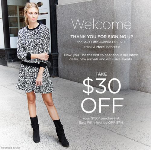 One (1) Saks Fifth Avenue OFF 5TH $30 OFF $150 Coupon Promo Code