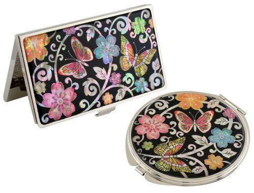Nacre butterfly Business card holder case Makeup compact mirror gift set  #28