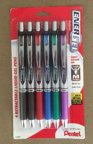 New pentel energel deluxe pack of 6, 0.7mm, liquid gel assorted ink colors 22884 for sale