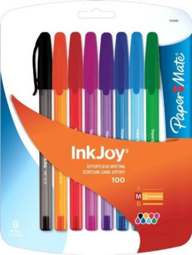 NEW Paper Mate InkJoy 100 Stick Medium Point Advanced Ink Pens, 8 Colored Ink