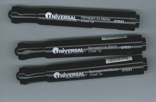 Lot of 3 Black Universal Chisel Felt Tip Permanent Ink Markers
