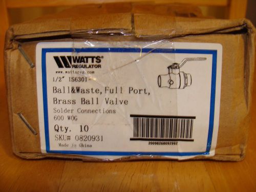 Lot of 10 Watts 1/2&#034; Brass Ball Valves Ball &amp; Waste Full Port - Solder IS6301