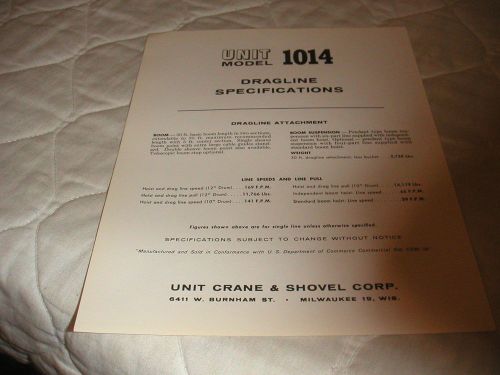 1960 UNIT MODEL 1014 DRAGLINE TRUCK CRANE SALES BROCHURE