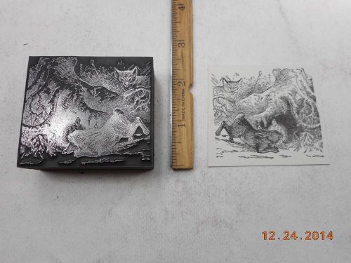 Letterpress Printing Printers Block, Detailed Fox chasing Rabbit by Tree Trunk