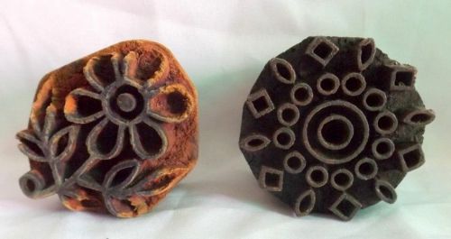 Vintage Hand Carved 2 Flower Design Wooden Printing Block / Cut Collectible