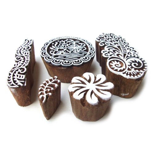 Hand carved mix floral pattern wooden block printng tags (set of 5) for sale