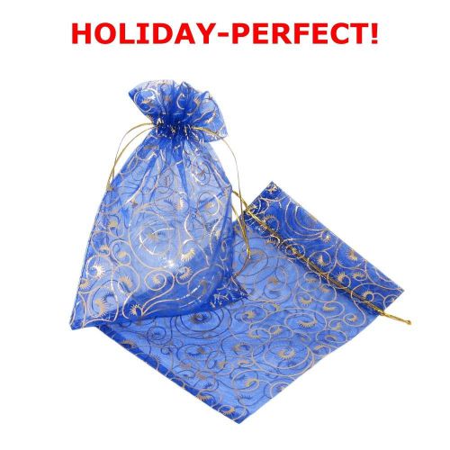 PACK OF 20! Organza Gift Bag Royal Blue With Gold Twisted Tendril Pattern