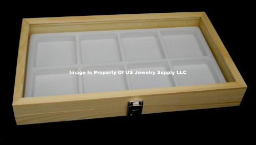 12 Natural Wood Glass Top Lid White 8 Space Display Box Case Bangle Pins Medals