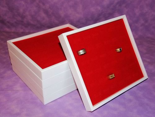 SET OF 5 WHITE JEWELRY DISPLAY TRAYS WITH RED 36 RING INSERTS