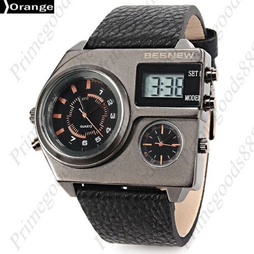 3 Time Zone Digital Quartz Analog Leather Men&#039;s Wristwatch Free Shipping Orange