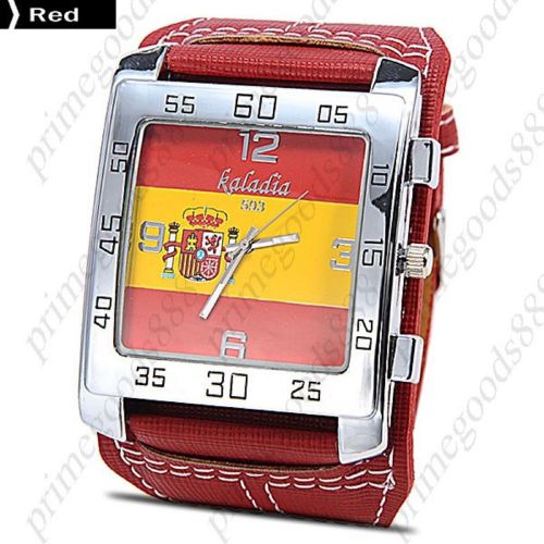 Spanish Flag of Spain Wide Rectangle Analog PU Leather Wrist Wristwatch in Red