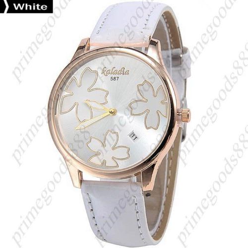 Gold Flowers PU Leather Lady Ladies Wrist Analog Quartz Wristwatch Women&#039;s White