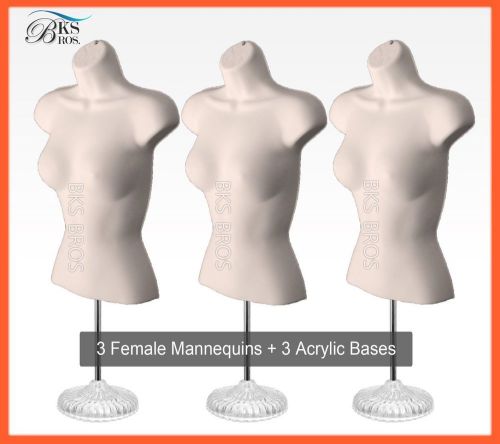 3 Flesh Female Mannequins Torso w/ACRYLIC Stand + Hanging Hook Dress Form Women