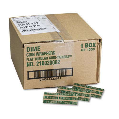 Flat Kraft Paper Coin Wrappers Holds 50 Dimes Green 1000/Box