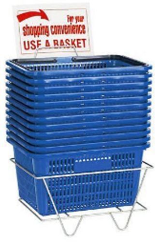 SET OF 12 BLUE PLASTIC SHOPPING BASKETS - INCLUDES STAND &amp; SIGN