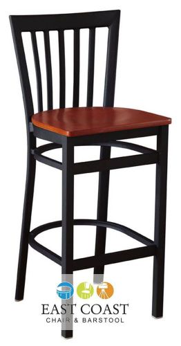 New Gladiator Full Vertical Back Metal Restaurant Bar Stool w/ Cherry Wood Seat