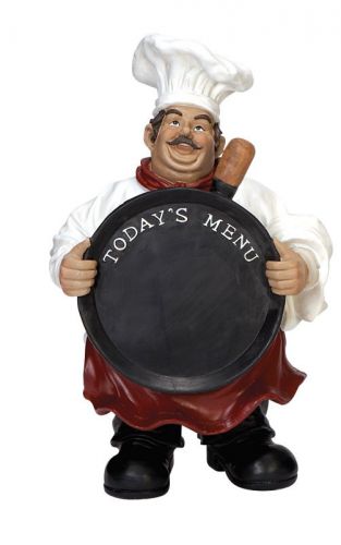 Fat chef with today&#039;s menu chalk sign board for sale