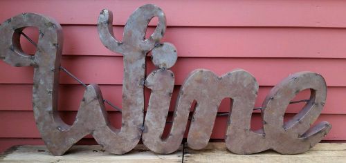 &#034;WINE&#034; CURSIVE RECYCLED TIN  METAL RUSTY RUSTED ART RESTAURANT KITCHEN SIGN