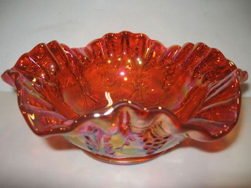 Marigold Carnival glass serving bowl iridescent grape and cherry candy amber art