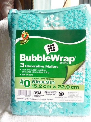 3 Decorative Bubble Mailers Snowflakes, Bubble Wrap Brand by Duck 6&#034; x 9&#034;, #0