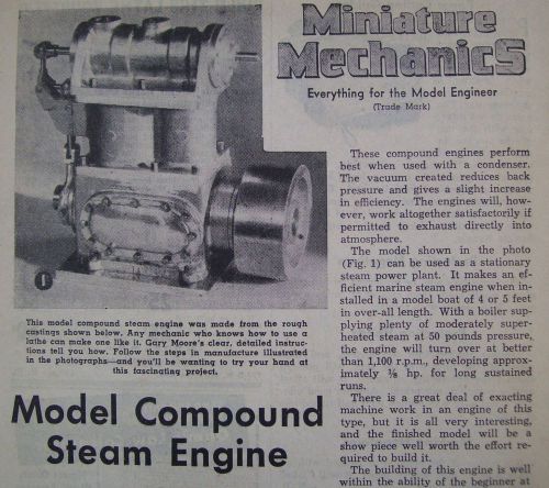 Orig Vintage 1946 How to Build MODEL COMPOUND TWIN CYLINDER STEAM ENGINE ARTICLE