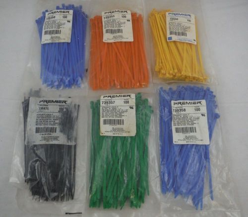 Premier 8&#034; Cable Zip Ties Blue Green Yellow Orange Black 1/16 to 1-3/4&#034; Lot 600