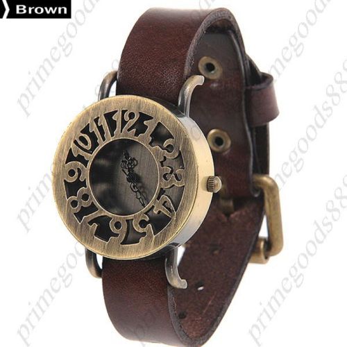 Hollow Out Retro Style Round PU Leather Quartz Wrist Wristwatch Women&#039;s Brown