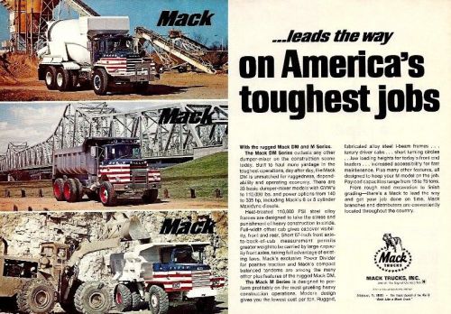 1976 Mack DM and M Series trucks ad, mixer/dump/off-road, Stars &amp; Stripes,dbl-pg