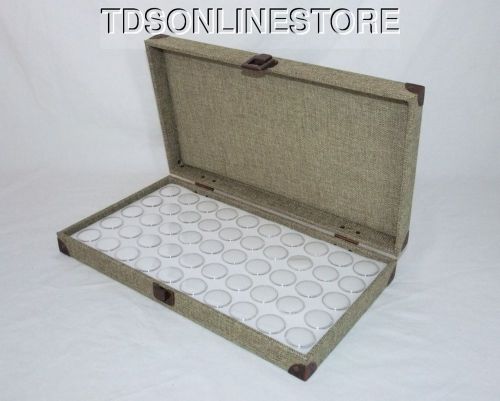 Burlap covered gem stone / bead traveling storage case w 50 white jars for sale