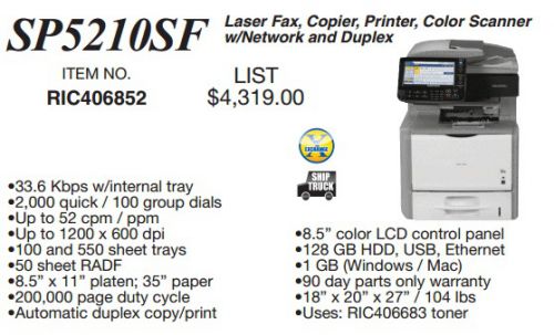 Ricoh Aficio SP5210SF Laser Fax, Copier, Printer, Color Scanner w/Network and Du