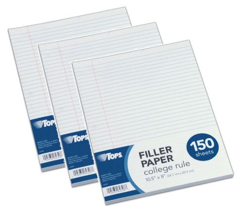 450 Sheets Tops Filler Paper College Rule 10.5 x 8 inches 3 Hole Punched White