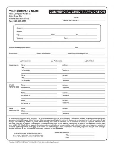 COMMERCIAL CREDIT APPLICATION FORMS - 250  2 part Carbonless NCR Forms