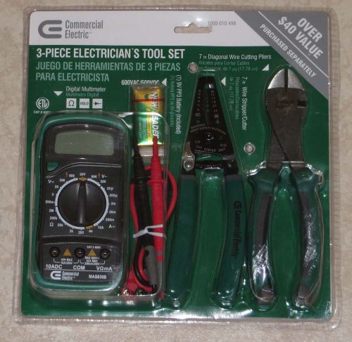 CE 3-Piece Electrician&#039;s Tool Set: Wire Cutters, Stripper, Digital Multimeter