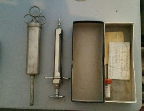 Vintage Metal Veterinary Syringes, Lot of 2, Steampunk, Unique, Props