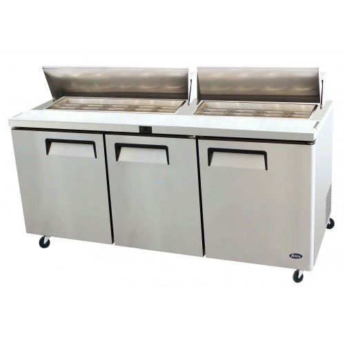 Atosa msf-8304 72&#034; 3 door sandwich prep table refrigerated w/ casters &amp; pans for sale
