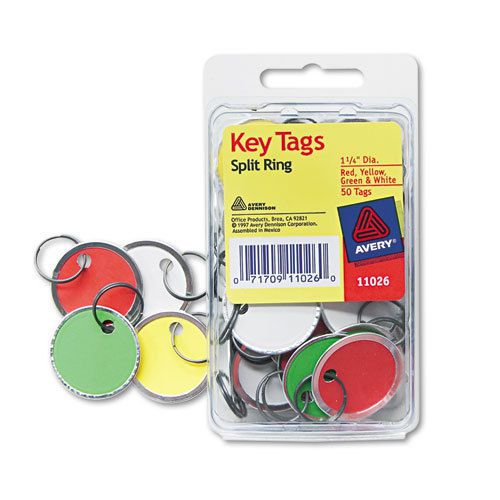 Metal Rim Key Tags, Card Stock/Metal, 1 1/4&#034; Diameter, Assorted Colors, 50/Pack